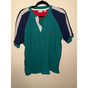 Vintage Bugle Boy Company Mens Medium Colorblock Raglan Henley Polo Shirt Teal